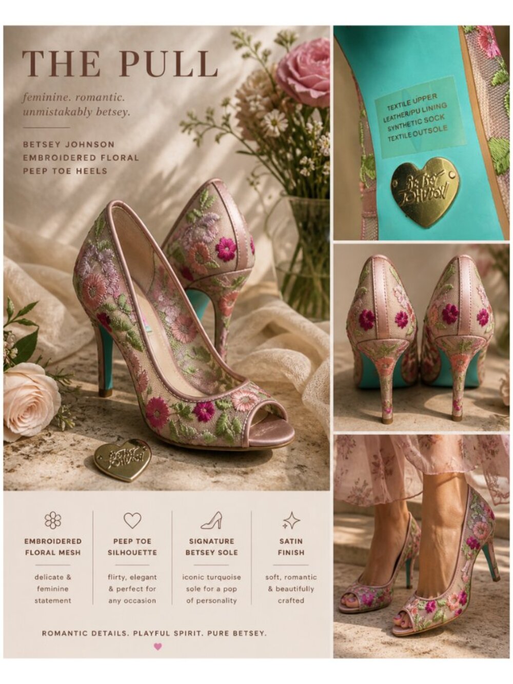 Betsey Johnson Embroidered Floral Peep Toe Heels Size 6 Pink Satin Mesh Stiletto